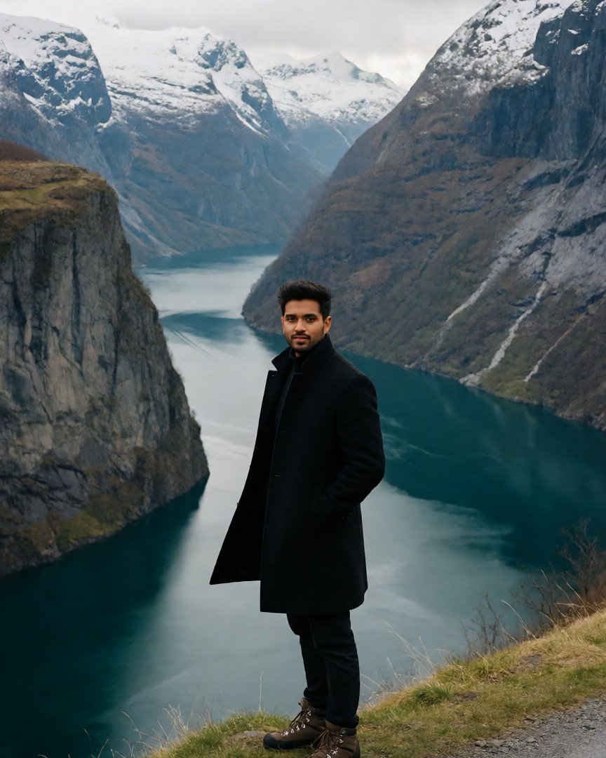 A stylish young indian man wearing a black wool coat, dark trousers, and hiking boots, standing beside a…