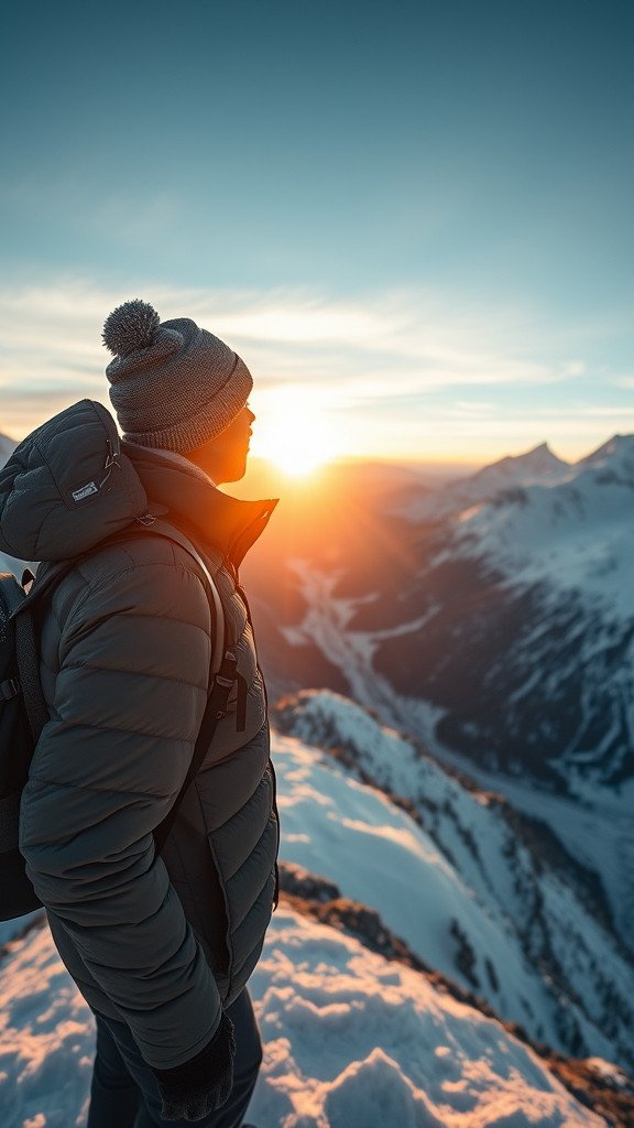 A cinematic wide-angle vertical photograph of an adventurous young man standing on a snowy…