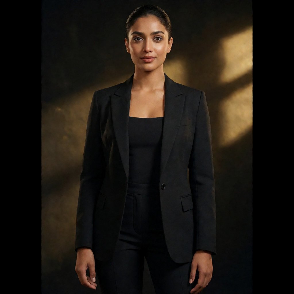 Create a premium royal-style portrait of a young indian adult wearing a sophisticated black outfit, standing…