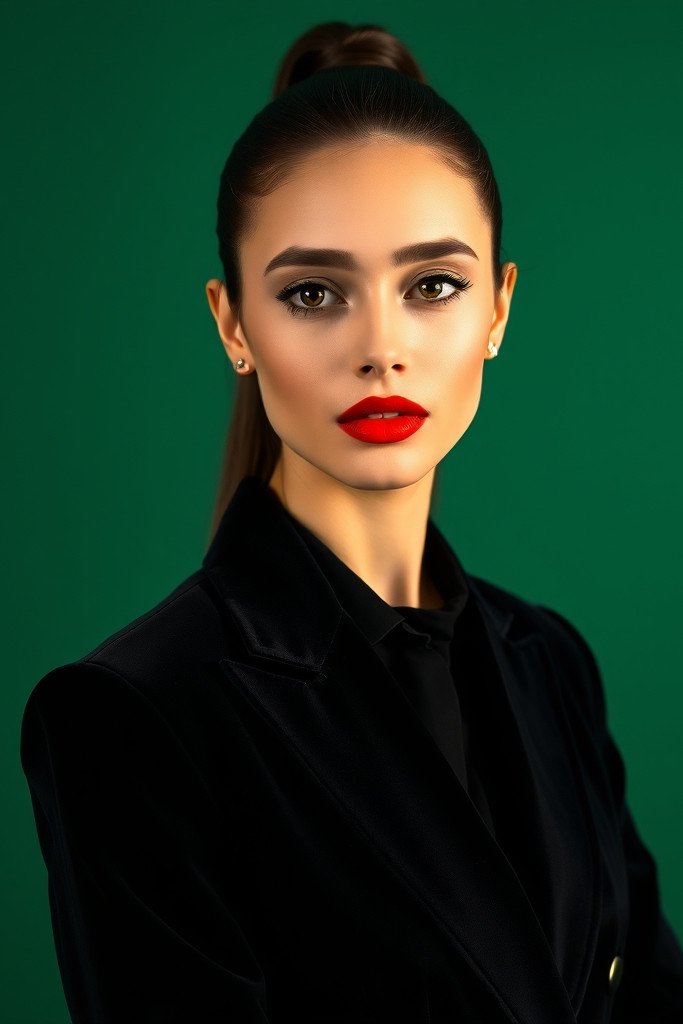 High-fashion editorial portrait of a young woman with a sleek, high ponytail and bold, classic red lipstick…