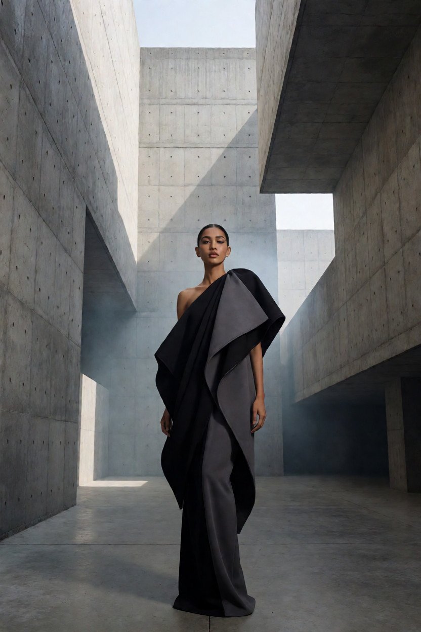 A high-fashion indian model standing in a monumental brutalist architectural courtyard, wearing an…
