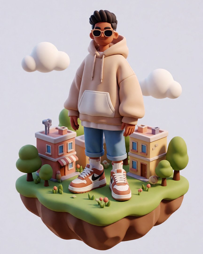 A stylish young indian male character standing on a floating isometric island, oversized hoodie, trendy…