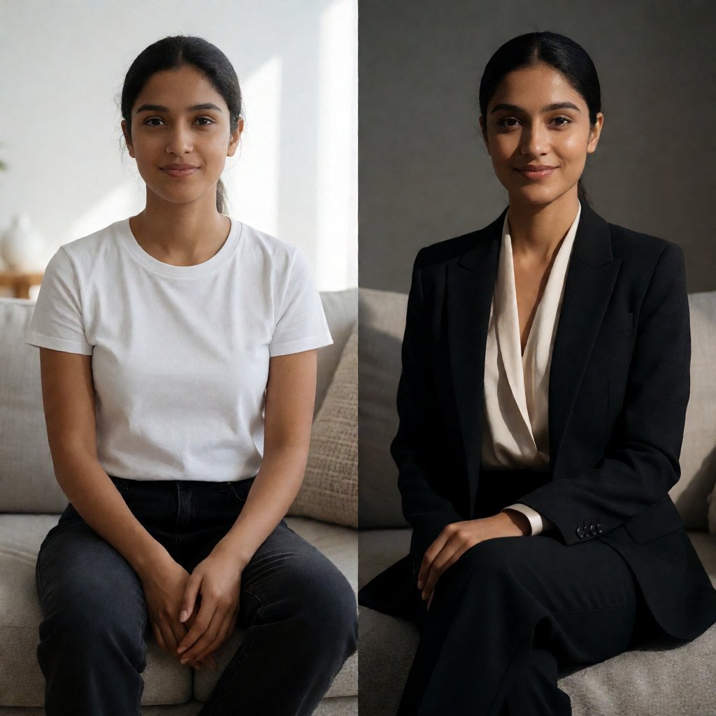 Create a two-panel fashion transformation image featuring the same indian young adult in both panels. The…