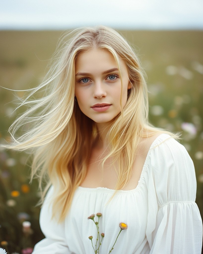 Ethereal portrait of a young woman with light blonde, flowing hair, wearing a white, flowing linen dress in…