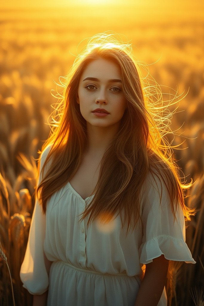 An ethereal, dreamy vertical portrait of a young woman standing in a vast golden wheat field…