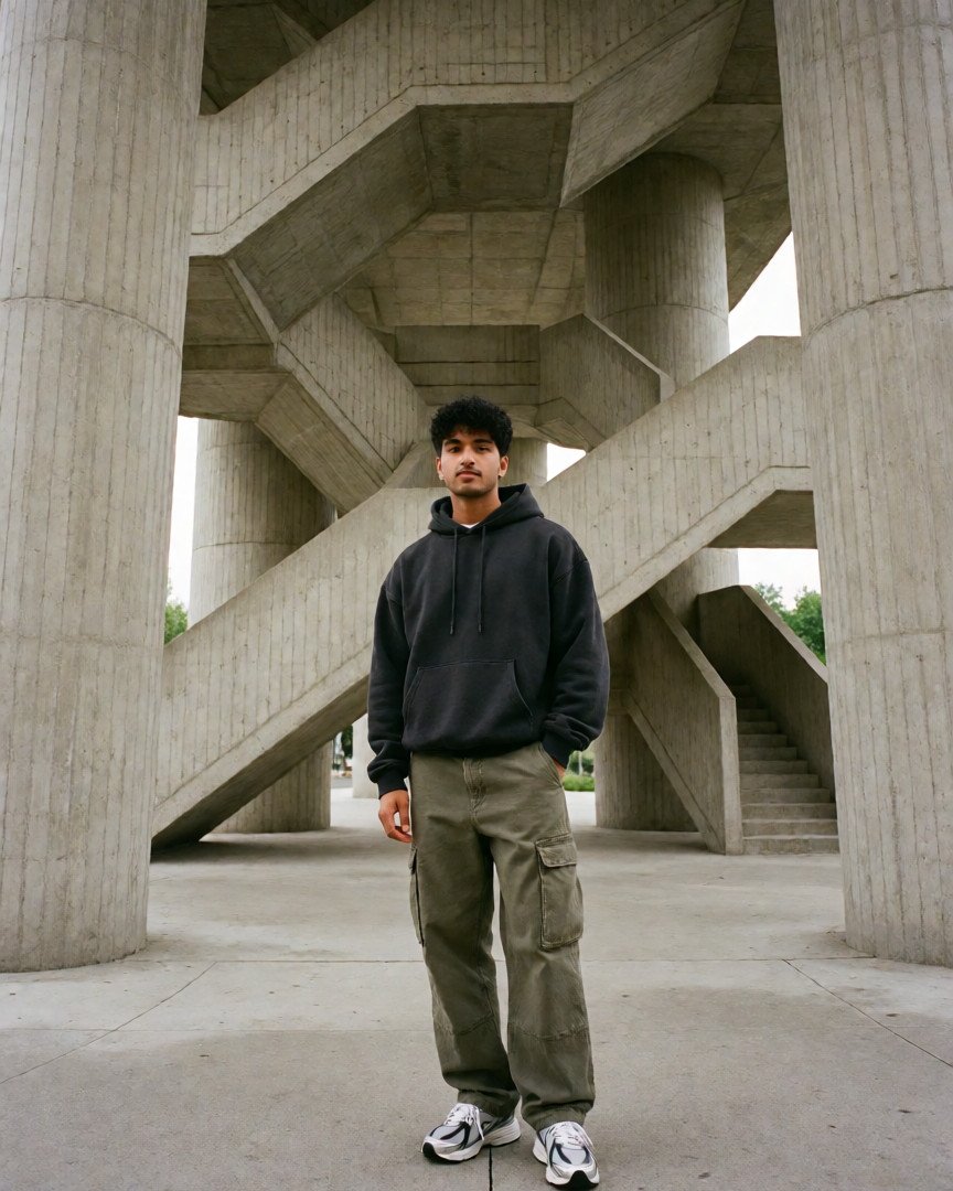 A fashionable young indian man posing beneath enormous brutalist concrete structures, wearing a charcoal…