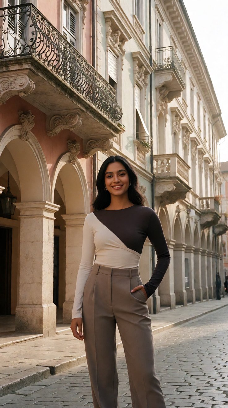 A s stylish indian young model person standing on a charming European street lined with historic buildings…