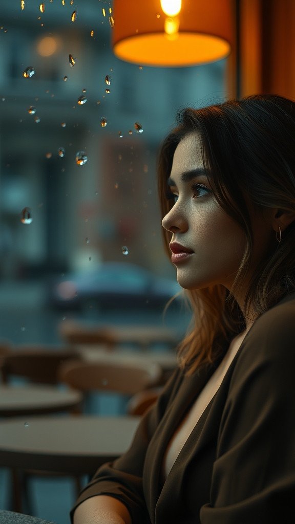 A cinematic medium shot of a stylish young woman sitting inside an artisan cafe, looking out a…