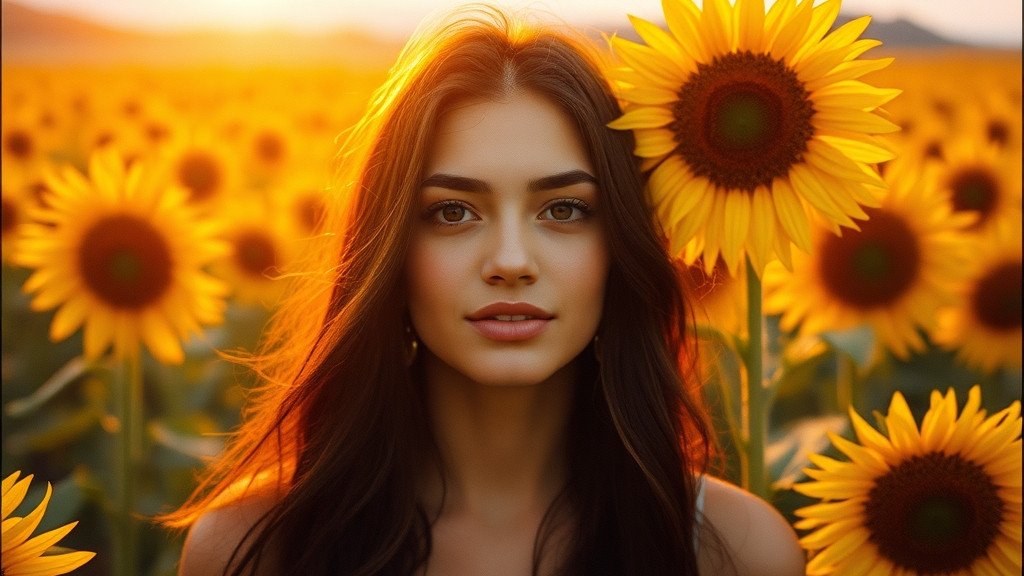Golden-hour portrait of a woman in a field of sunflowers, film photo