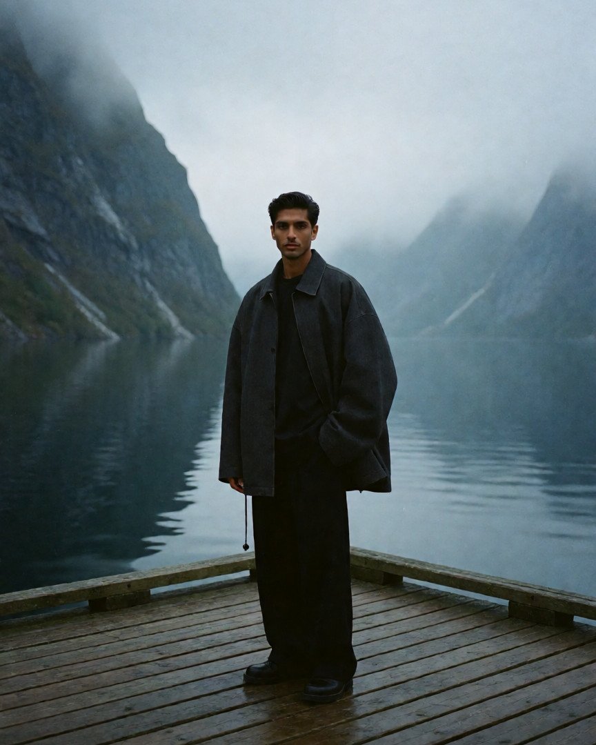 A fashionable indian young man standing on a weathered wooden pier surrounded by a vast Nordic fjord…