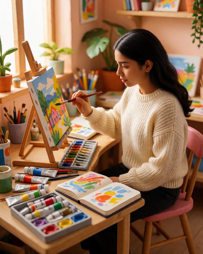 A indian young female artist painting on a canvas inside a miniature isometric art studio, colorful paint…