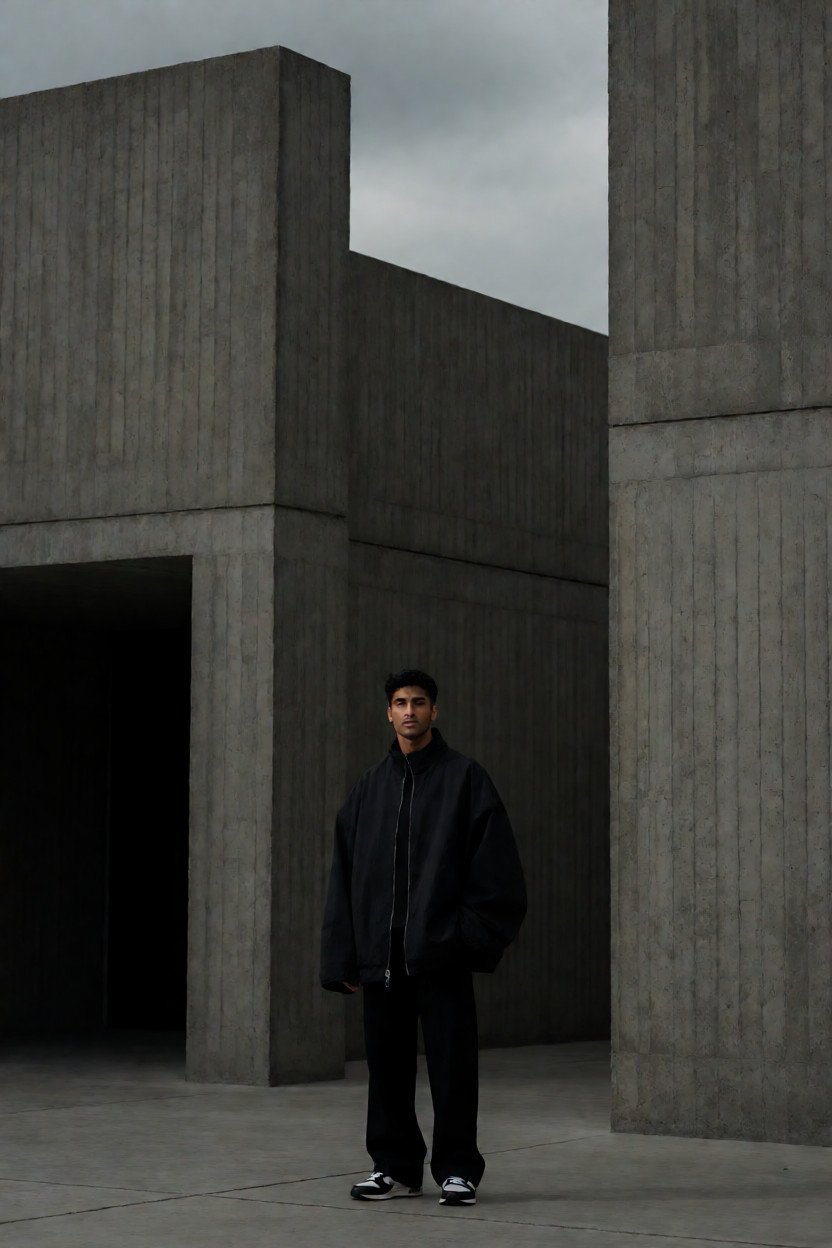 A stylish young indian man standing confidently in front of a monumental brutalist concrete building…