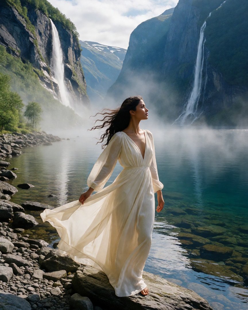 A beautiful indian young woman wearing a flowing ivory dress, standing on a rocky shoreline overlooking a…