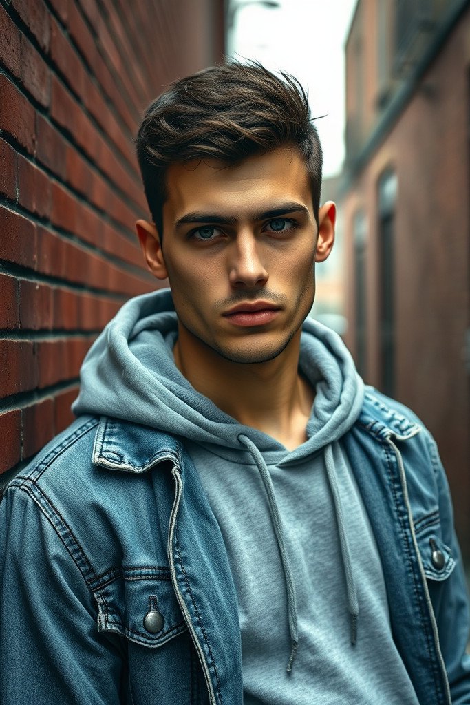 Photorealistic gritty urban portrait of a young man with a slight stubble and short, textured dark hair…