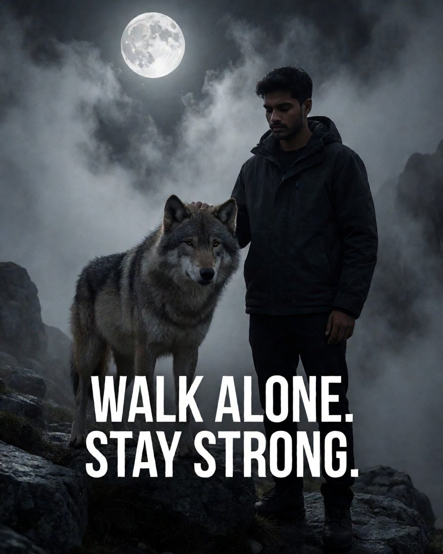 Create a cinematic dark status wallpaper featuring a lone wolf standing on a rocky mountain beneath a full…