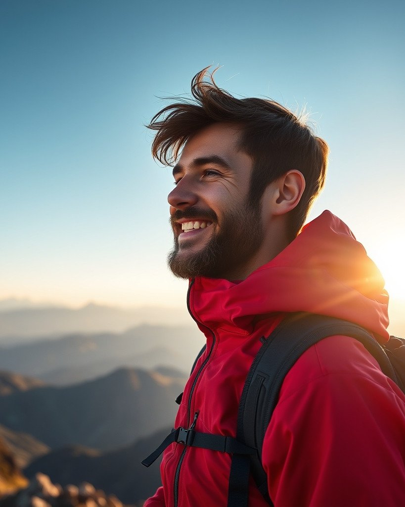 Outdoor adventure portrait of a rugged young man with a beard and messy hair, wearing a red technical hiking…