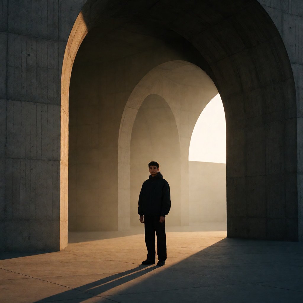 A lone indian young person standing beneath enormous brutalist concrete arches, surrounded by monumental…