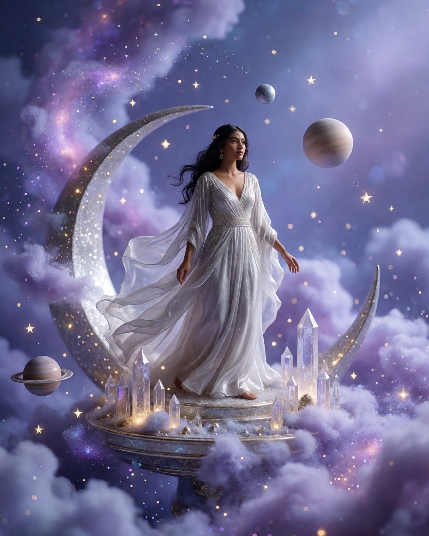 Create a breathtaking celestial diorama featuring the references indian woman wearing a flowing silver-white…