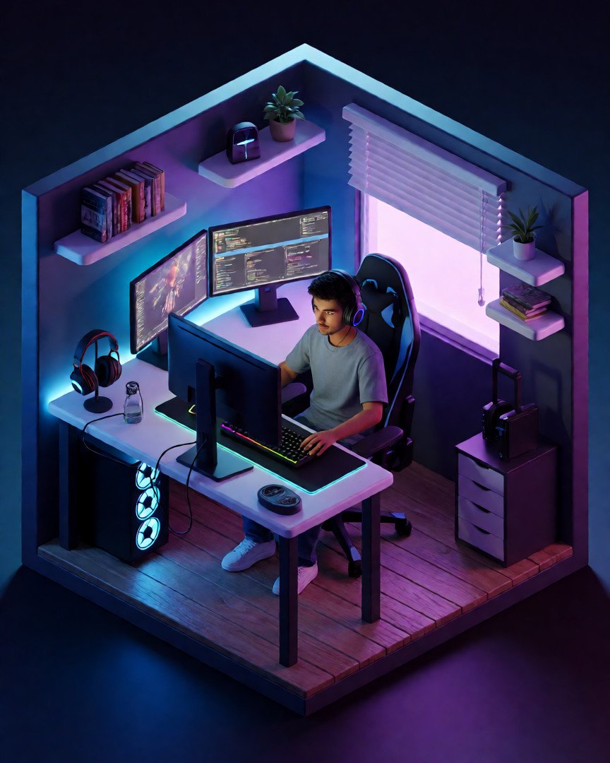 A cool indian young male gamer sitting at a desk in a miniature isometric gaming room, dual monitors, RGB…