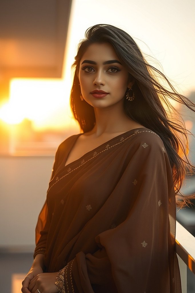 A cinematic, ultra-realistic portrait of a graceful young South Asian woman wearing an elegant…