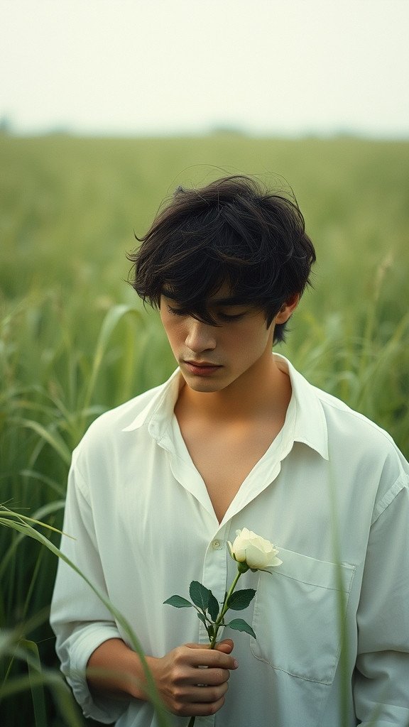 Vertical 9:16 cinematic portrait of a young man standing in a field of tall grass that moves like…