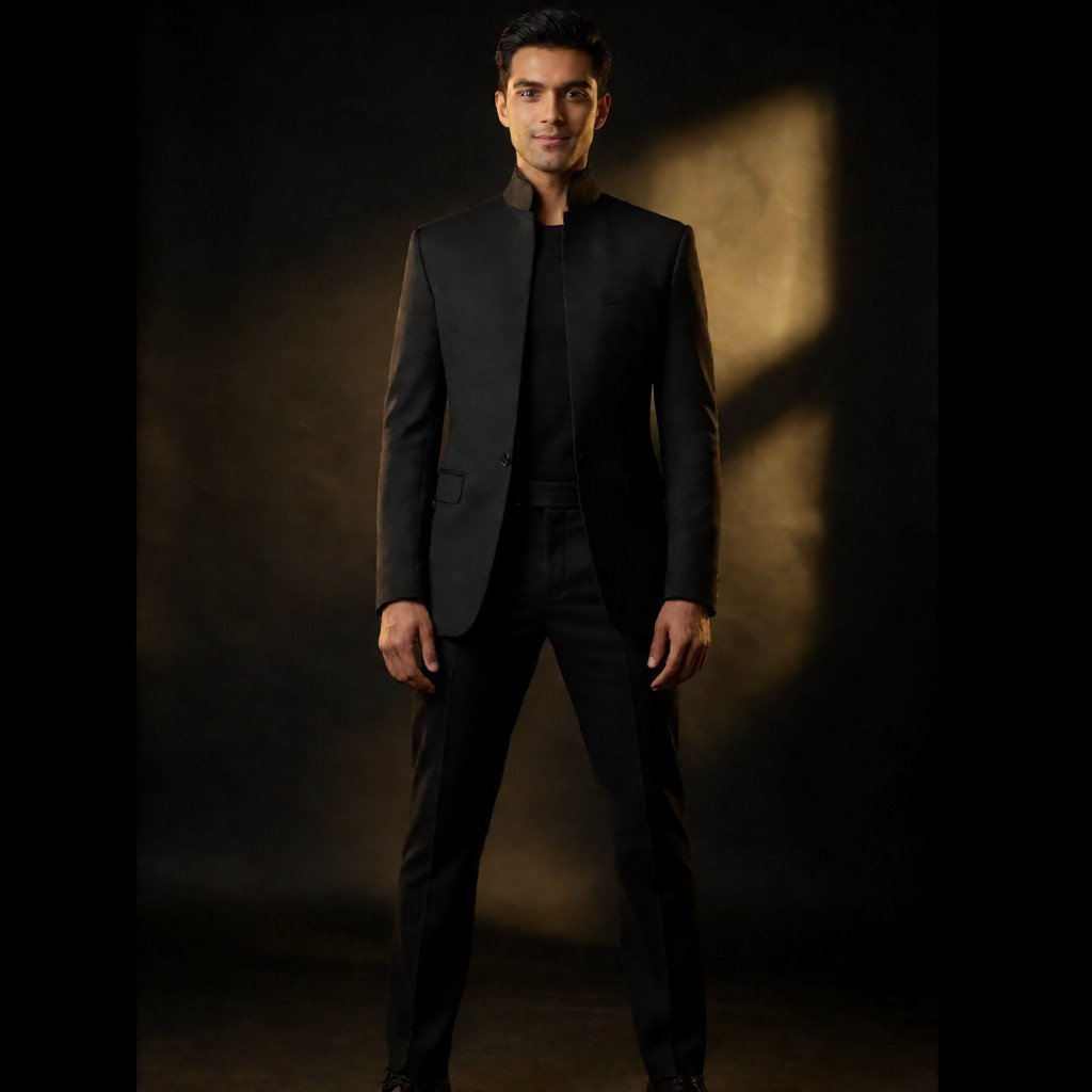 Create a premium royal-style portrait of a young indian adult wearing a sophisticated black outfit, standing…