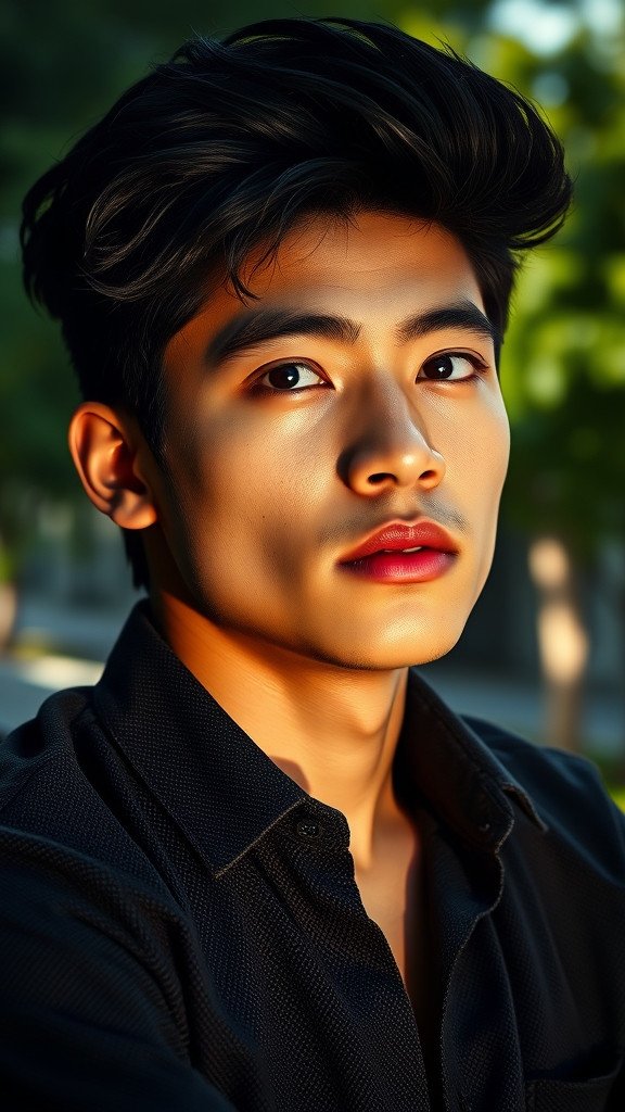 A high-quality portrait of a stylish young man with voluminous, textured black hair. A sharp…