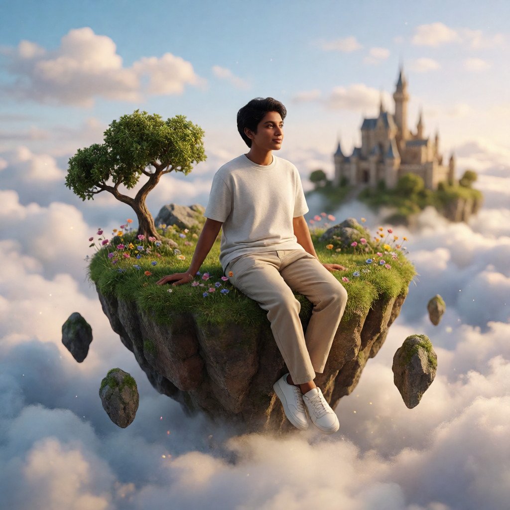 Create a surreal miniature 3D diorama of the reference person sitting casually on the edge of a tiny…