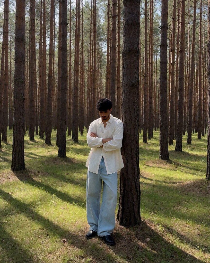 A young indian male model standing in a quiet pine forest during daylight, leaning casually against a tall…