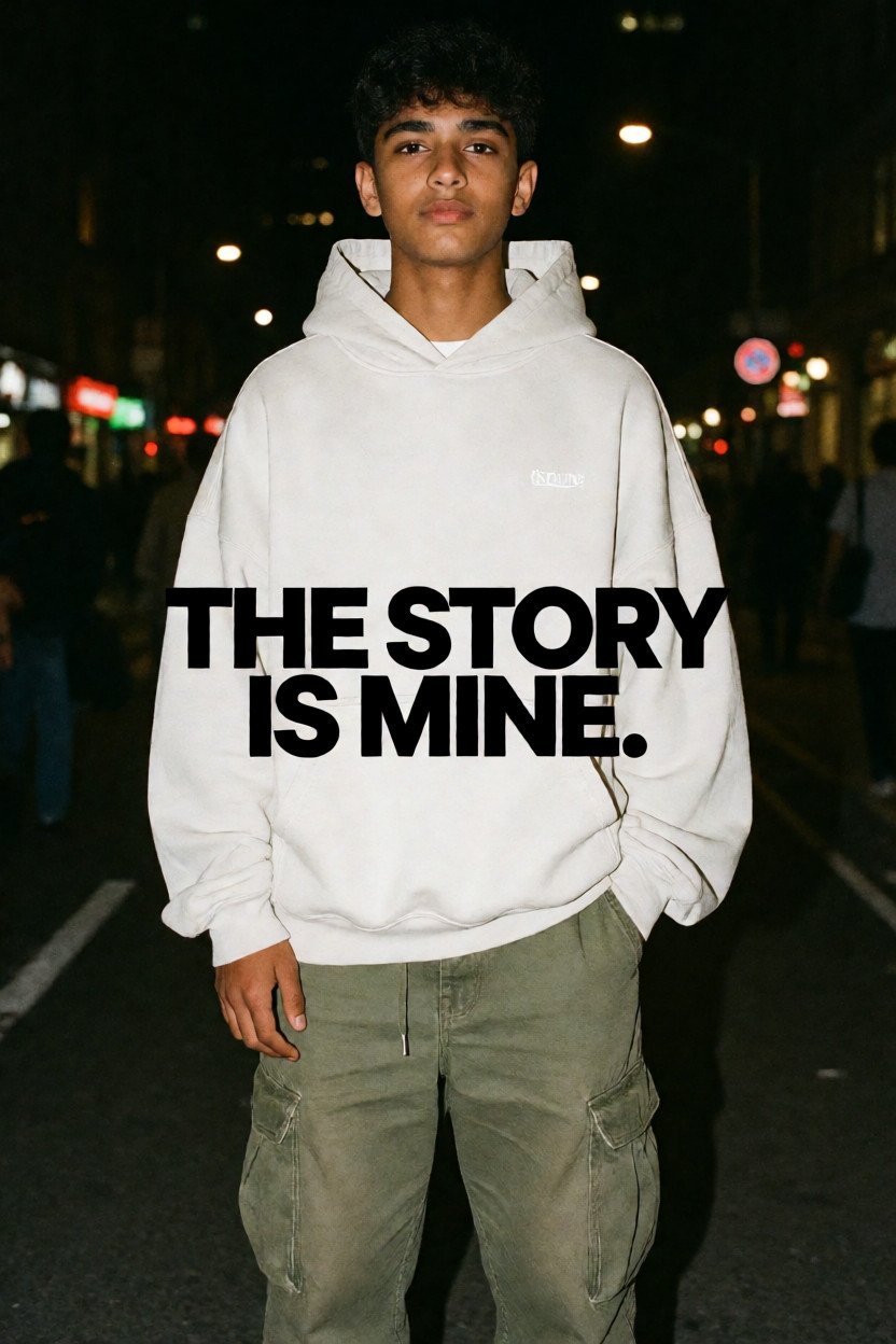 Create a trendy Gen Z indian boy street-style status image featuring a confident young person in oversized…