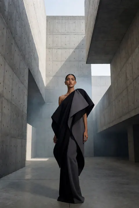 AI-generated image: An Indian model standing in a brutalist architectural courtyard, wearing an avant-garde outfit.