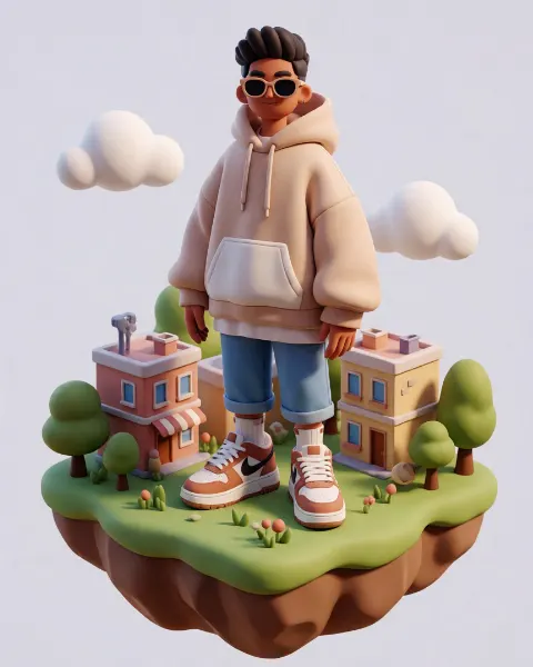 AI-generated image: A stylish young Indian male character standing on a floating isometric island with a pastel color palette.