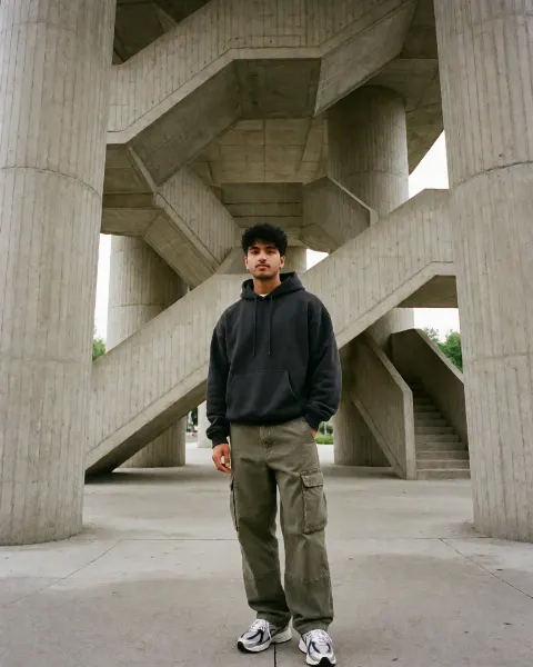 AI-generated image: A fashionable young Indian man posing beneath enormous brutalist concrete structures.