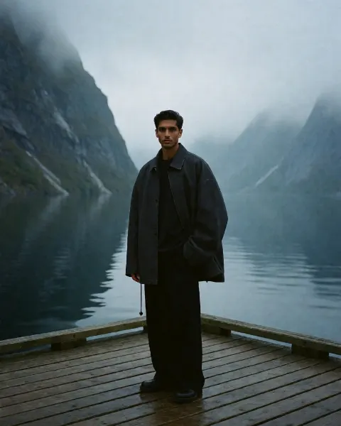 AI-generated image: A fashionable young Indian man standing on a weathered pier surrounded by a Nordic fjord.
