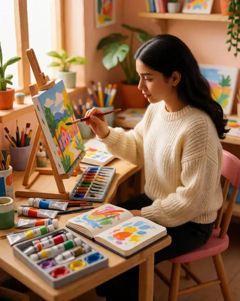 AI-generated image: An Indian young female artist painting in a miniature isometric art studio.