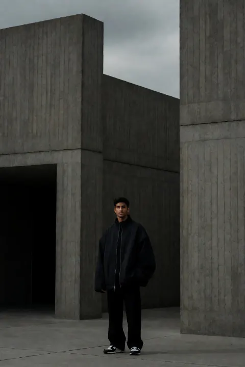 AI-generated image: A confident young Indian man standing in front of a brutalist concrete building.