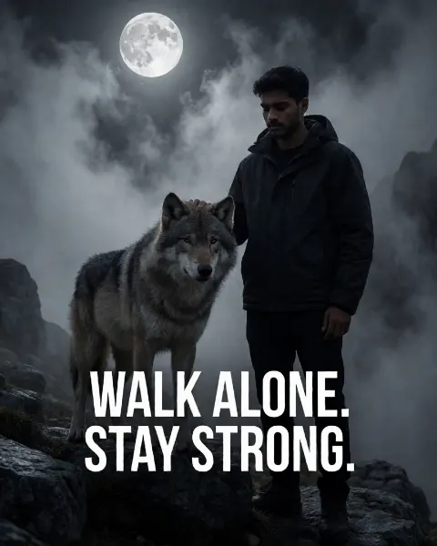 AI-generated image: A lone wolf standing on a rocky mountain beneath a full moon with a young Indian man's hand in the fox's head.
