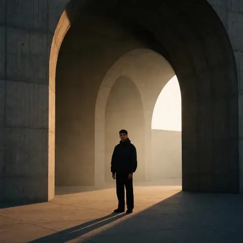 AI-generated image: A young Indian person standing beneath enormous brutalist concrete arches.