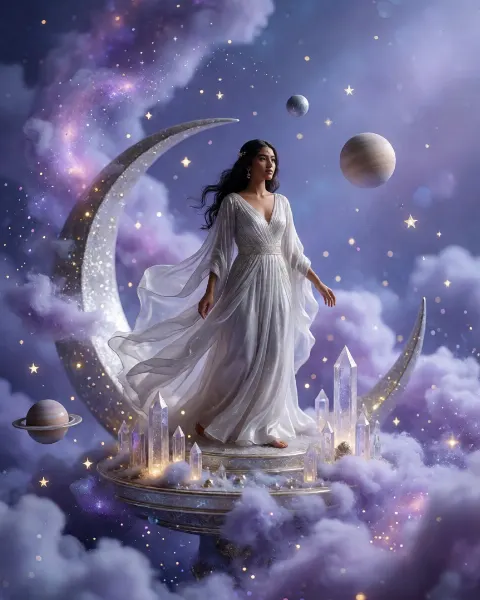 AI-generated image: A breathtaking celestial diorama featuring an Indian woman in a flowing gown, surrounded by stars, planets, and cosmic particles.