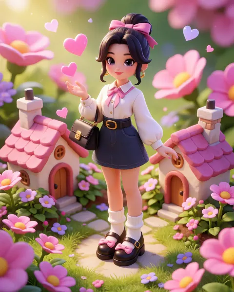AI-generated image: A charming female character in a pastel-colored garden with miniature houses and flowers.
