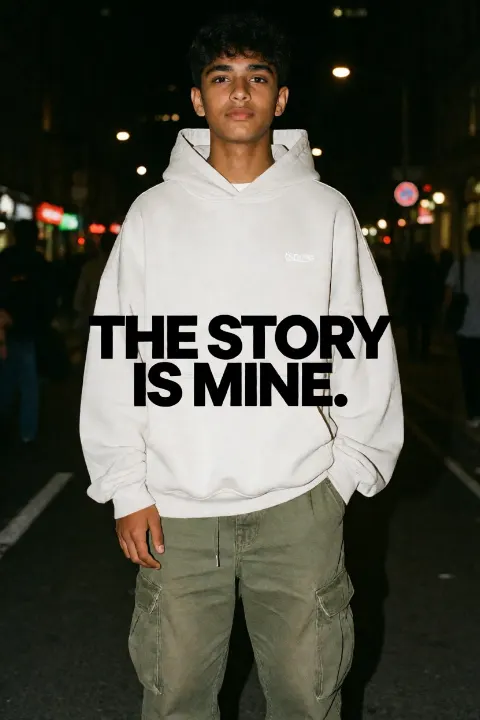 AI-generated image: A confident young Indian boy in trendy streetwear, photographed at night with direct flash and grainy film texture.