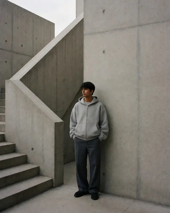 AI-generated image: A young Indian man positioned in a brutalist architectural setting with minimalist grey clothing and natural overcast lighting.
