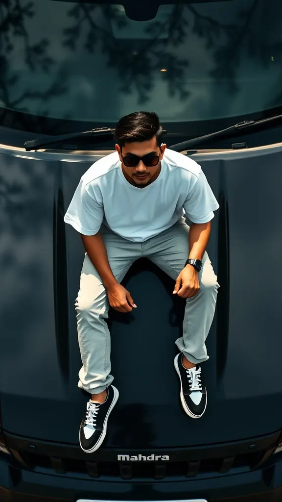 AI-generated image: A confident young man sitting on the bonnet of a black SUV with natural outdoor lighting and distinct tree shadows.
