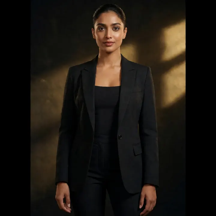 AI-generated image: A young Indian adult wearing a sophisticated black outfit, standing against a luxurious dark background with subtle golden light.