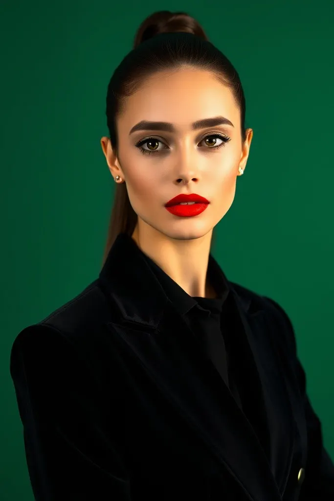 AI-generated image: A young woman with a high ponytail and bold red lipstick, wearing a black velvet blazer against a deep emerald green backdrop.