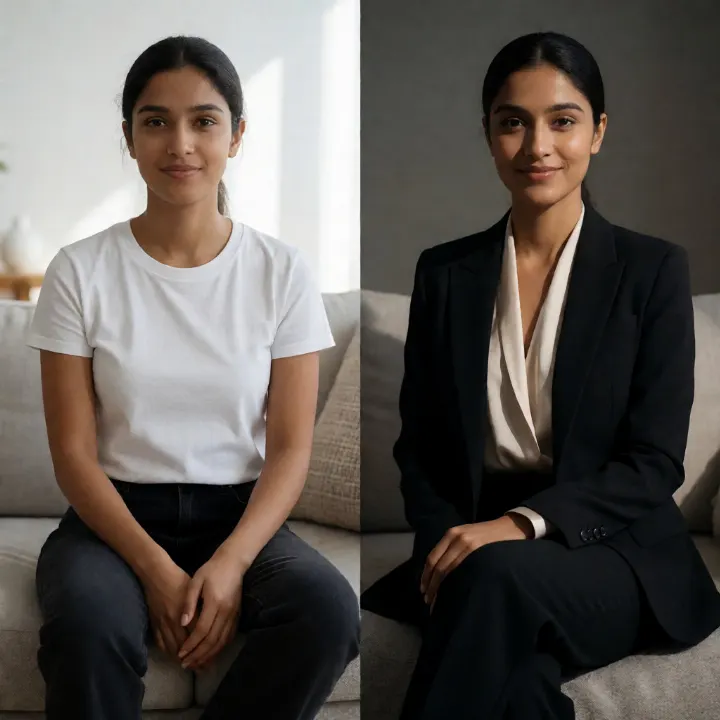 AI-generated image: A two-panel image featuring a young adult in casual and stylish outfits.