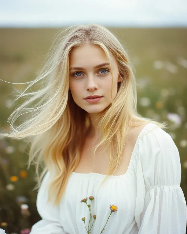 AI-generated image: An ethereal portrait of a young woman in a field of wildflowers, with light blonde hair and a white linen dress.