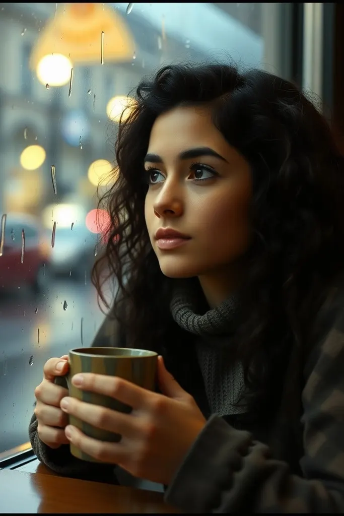 AI-generated image: A candid portrait of a young woman sitting by a rainy cafe window.
