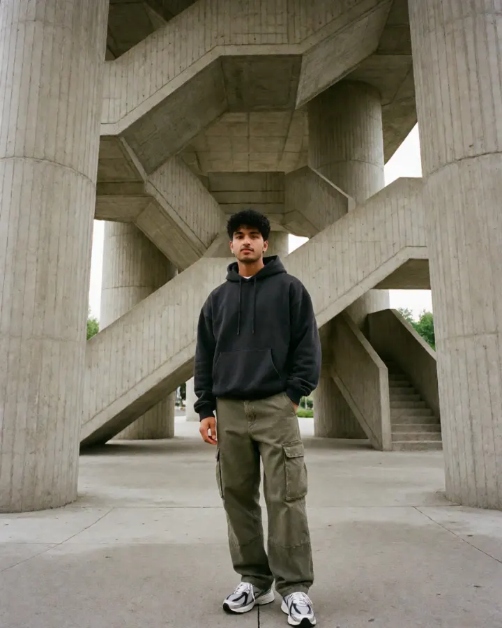 AI-generated image: A fashionable young Indian man posing beneath enormous brutalist concrete structures.