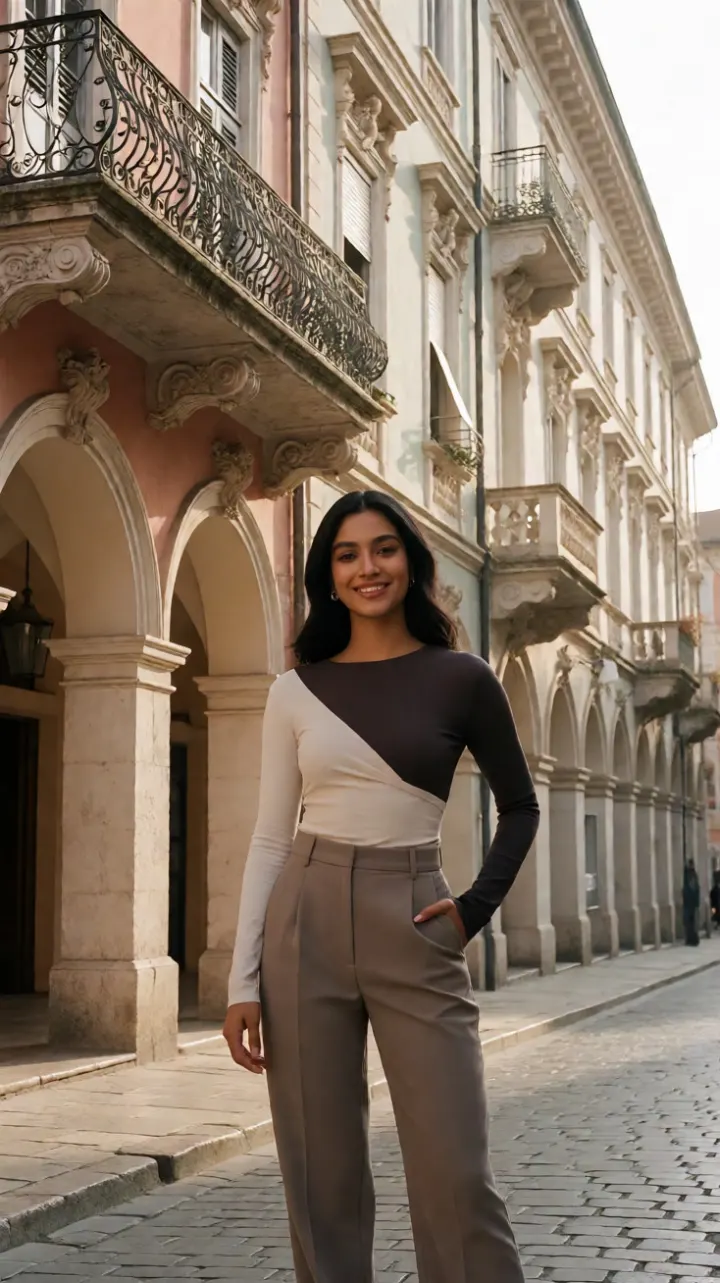 AI-generated image: An Indian model standing on a charming European street with historic buildings and pastel-colored facades.